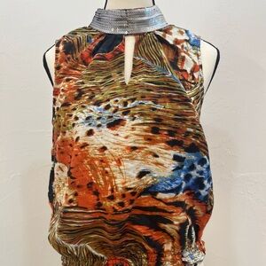 Zoe D Sleeveless Linen Blouse Peacock Pattern Silver Sequin Neckline NWOT Size S